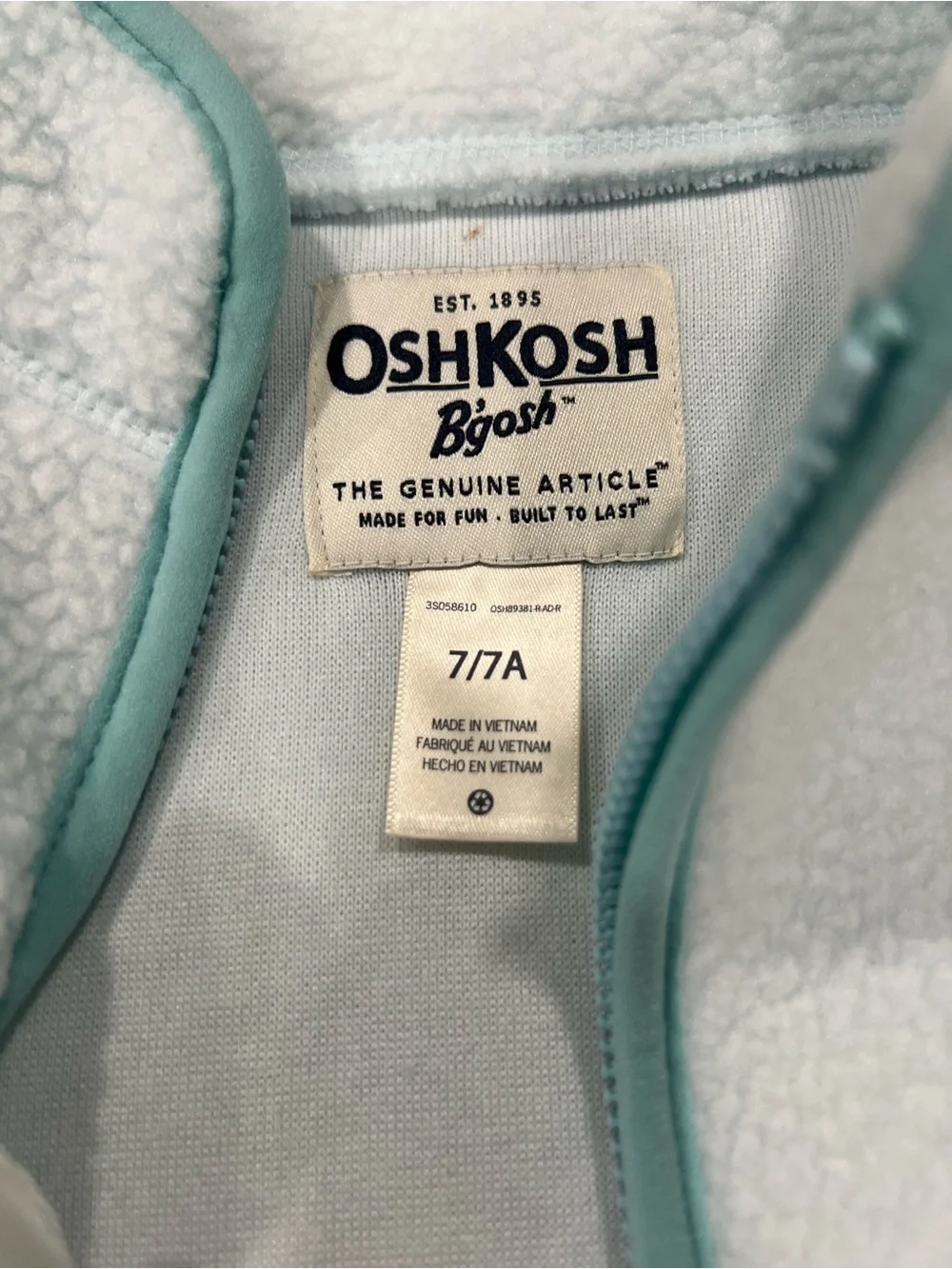 Oshkosh Bgosh fleece teal jacket size 7